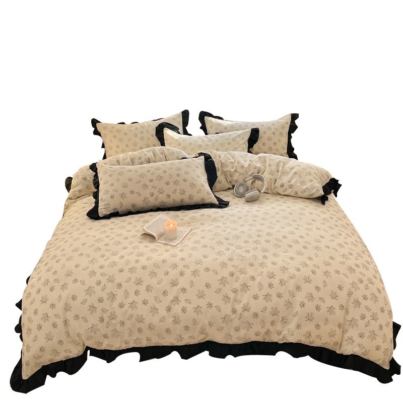 Ensemble quatre pièces en dentelle 100% coton style bohème vintage nordique français, housse de couette et drap en pur coton frais style coréen, parure de lit simple à motif floral vintage_voghion.com