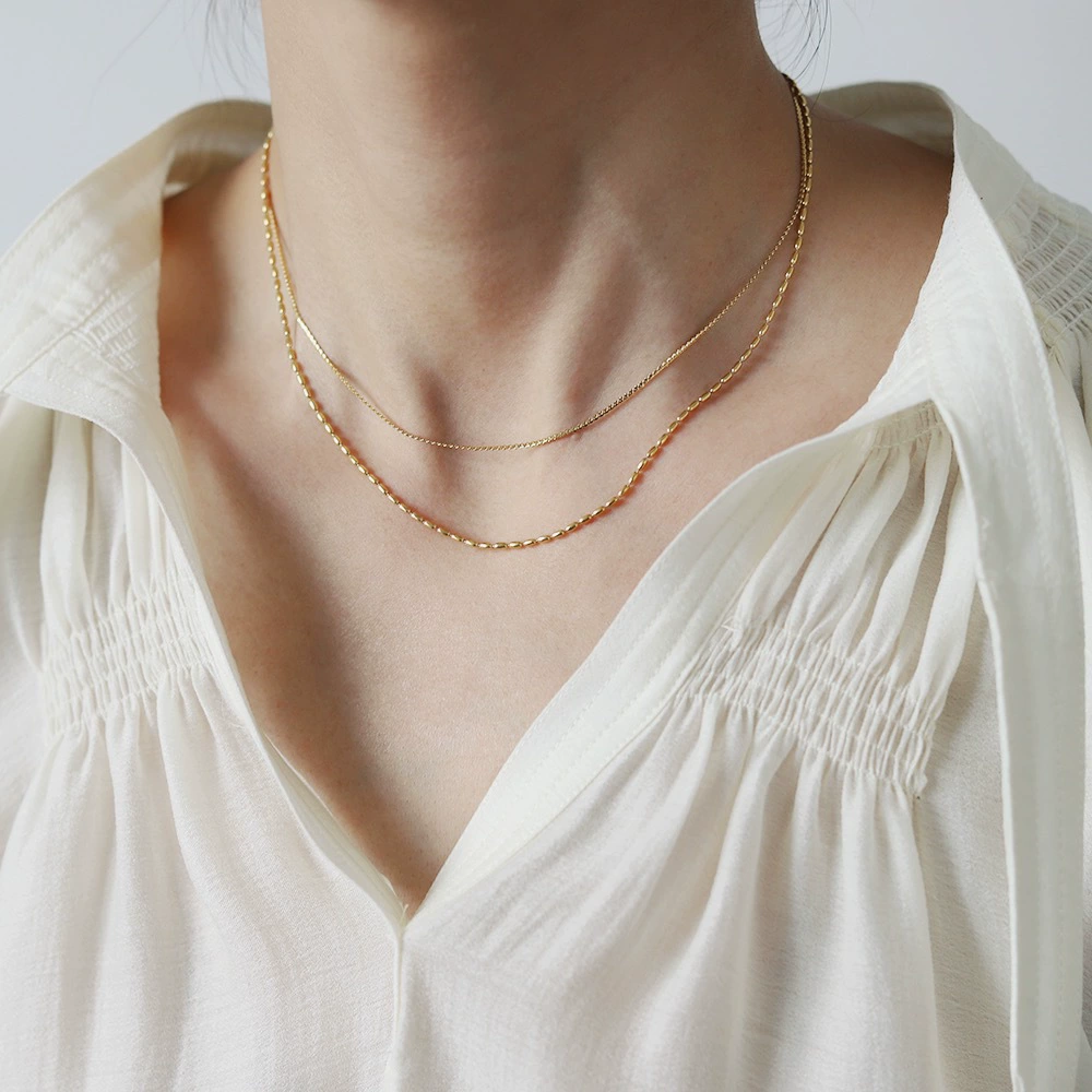 Роскошная простая цепочка для ключиц из нержавеющей стали, европейские и американские двухслойные сложенные пшеничные Колосья и зерна проса, золото 18 карат, не выцветает, ожерелье для женщин