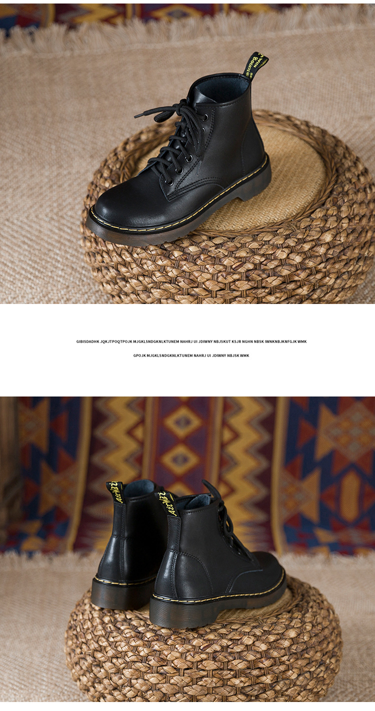 Bottes de moto courtes Martin noires en cuir véritable à lacets à huit et six trous de style britannique pour femmes_voghion.com