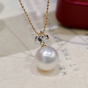 18K Gold Accessories, Sea-Clear Blue Aquamarine 0.2 Carat with Beads 10-11, Chain and Beads Not Included