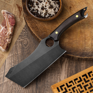 Black Titanium Ring Tactical Kitchen Knife 5Cr15 Outdoor Camping Kitchen Multi-Functional Chopping Bone Butchering and Forging Knife