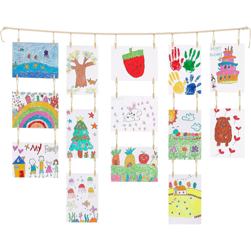 Home Decoration Hanging Photo Display with Natural Wood Beads String, Photo Storage Tassel String with 34 Clips Home Decoration Hanging Photo Display with Natural Wood Beads String, Photo Storage Tassel String with 34 Clips