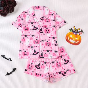 Cross-Border Foreign Trade New European and American Women's Pajamas Halloween Printed Lapel Short-Sleeved Shorts European and American Home Wear Set