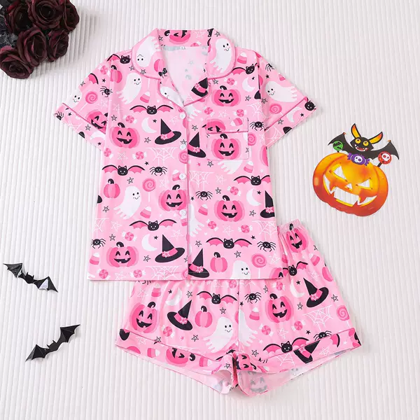 Cross-Border Foreign Trade New European and American Women's Pajamas Halloween Printed Lapel Short-Sleeved Shorts European and American Home Wear Set