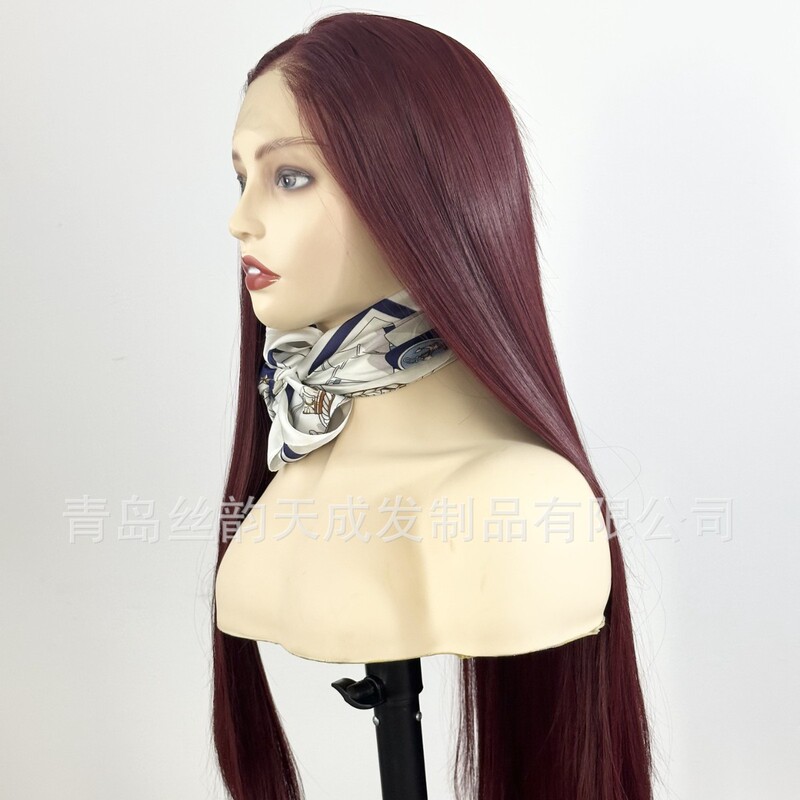 欧美假发酒红色长直发哑光高温丝全头发套wig外贸手钩前蕾丝头套|undefined