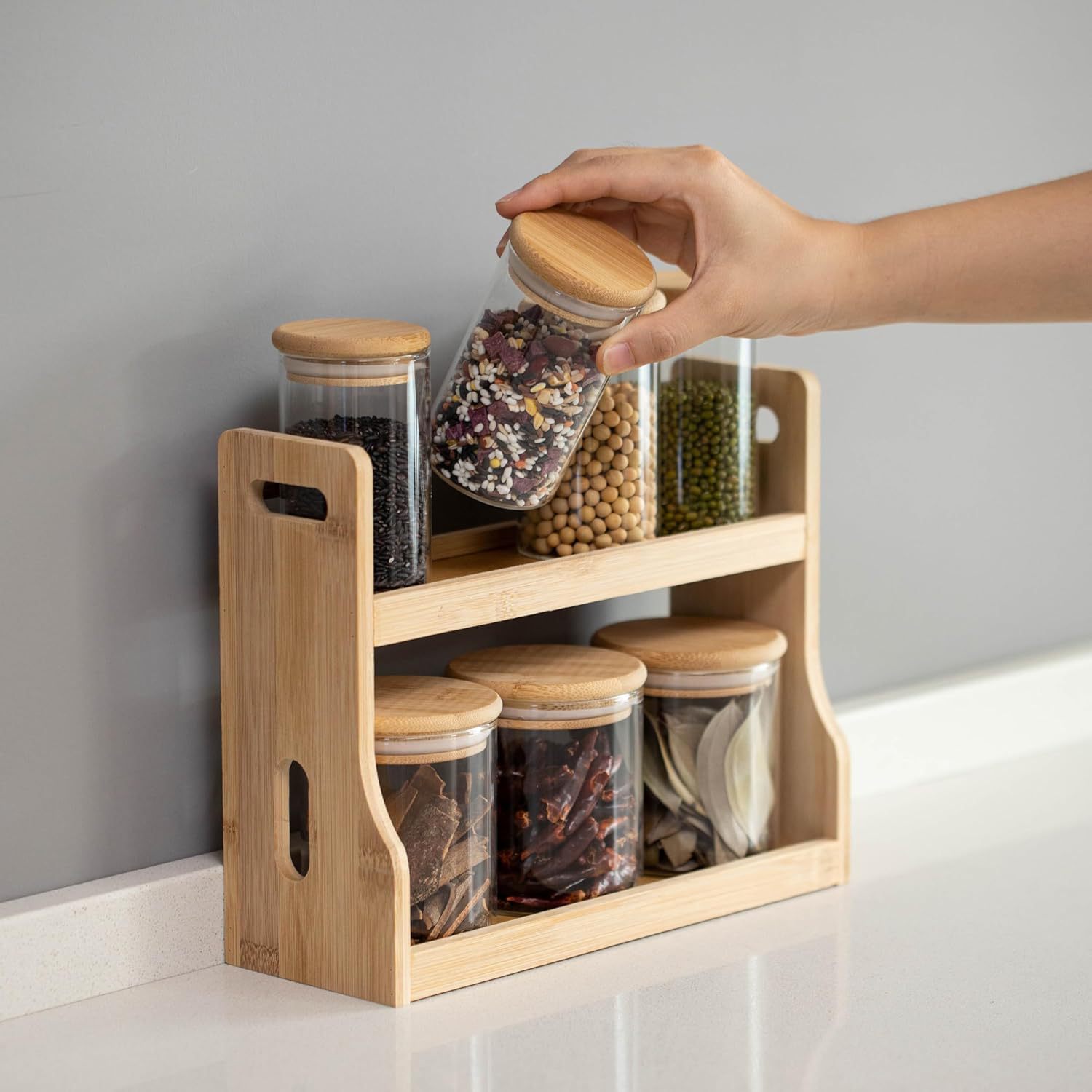 Bamboo and wooden desktop shelf kitchen seasoning rack simple multi -layer shelf classification seasoning box storage shelf