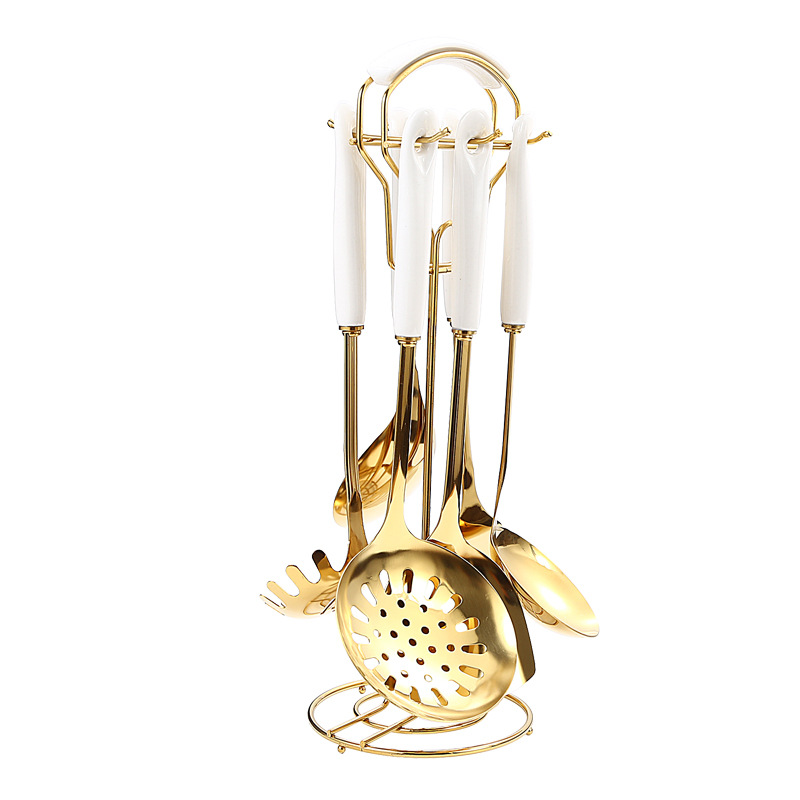 Nórdico engrosada cuchara de sopa de acero inoxidable colador olla pala cerámica utensilios de cocina de siete piezas Set de regalo