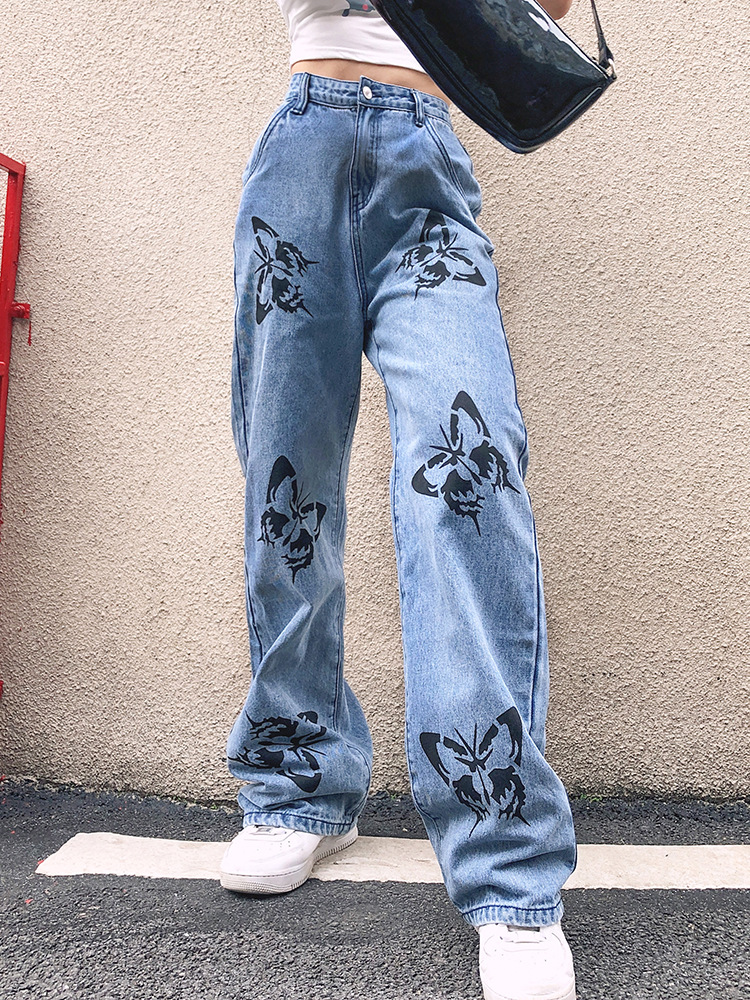 mid-waist straight butterfly hand-printed washed jeans NSJY64550