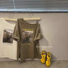 韓国東大門バナナ夏の新韓国ファッションヨーロッパとアメリカのパターンプリント斜め肩半袖Tシャツ女性用ルーズ