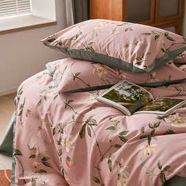 Z655田园风60支贡缎新疆长绒棉四件套植物印花纯棉床单被套床上用