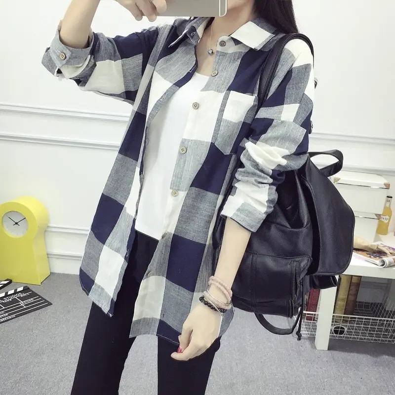 格子衬衫外套女夏季大码欧货宽松时尚洋气感长袖磨毛衬衣上衣棉|undefined
