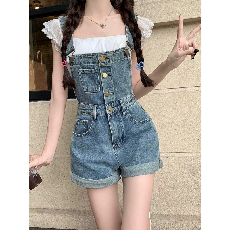 Винтажные джинсовые комбинезоны с закругленным краем для женщин, лето 2025, новый дизайн с высокой талией, утягивающий дизайн, прямые шорты-комбинезон