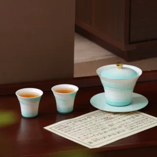 青釉渐变三才盖碗德化白瓷泡茶盖碗茶杯组合办公家用陶瓷茶具定制