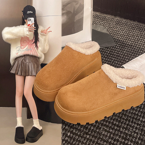 Thick sole and large size baotou slippers for women's autumn new style warm and comfortable cotton shoes, fur shoes wholesale