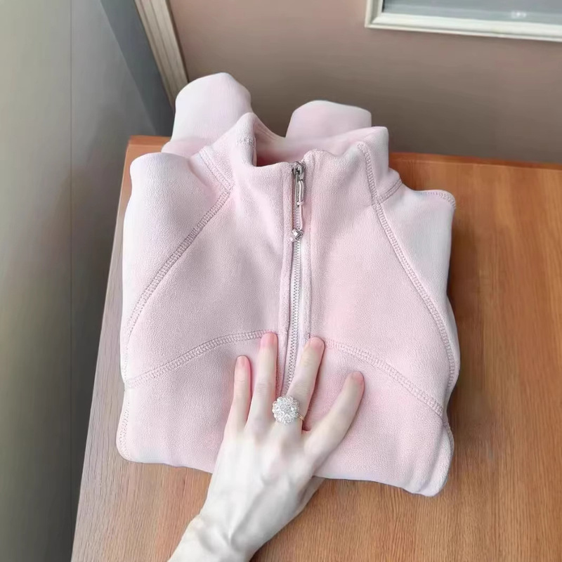 Pink Stand-Up Collar Fleece-Lined Sweatshirt Jacket for Women, Autumn and Winter down Jacket Inner Layer, Warm Top, Base Layer for Outdoor Jackets