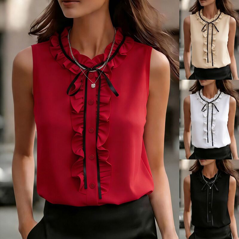 2026 Amazon European and American Women's Fashion New Style Ruffled Sleeveless Shirt in Apricot Color with a Tie Collar