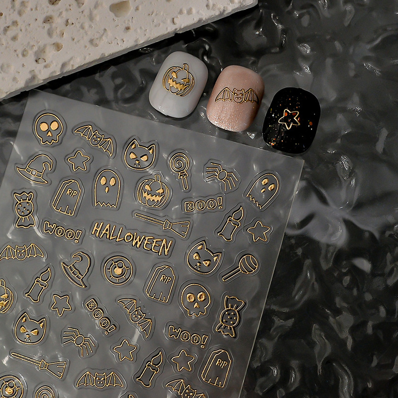 Halloween New Cross-Border Nail Art Stickers Funny Pumpkin Three-Dimensional Relief Adhesive Stickers Ghost Hot Stamping Nail Stickers