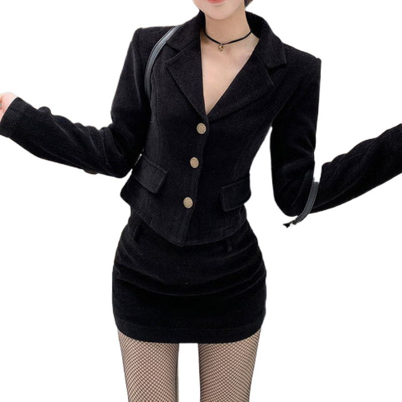 샤오 샹 스타일 세트 블랙 세트 재킷 여성 가을 겨울 한국 드라마 짧은 힙합 스커트 투피스 세트 착용