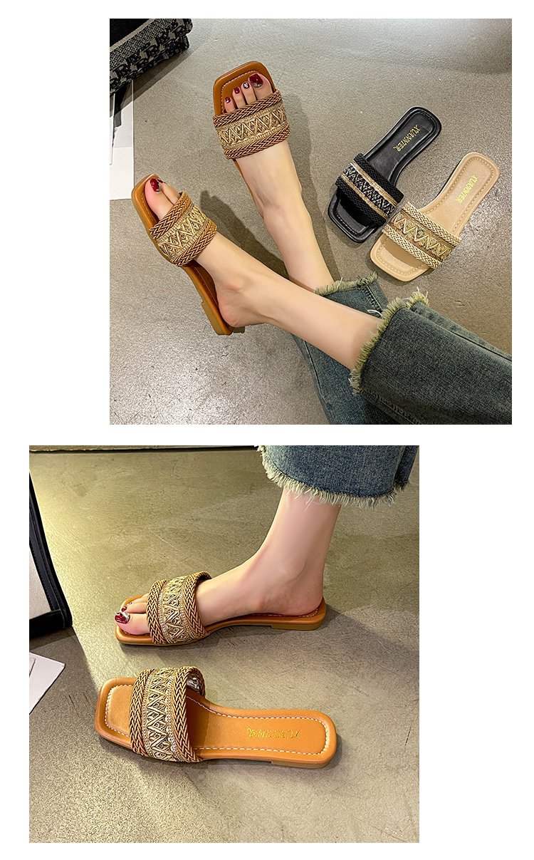 Große einreihige Hausschuhe mit flacher Sohle für Damen im ethnischen Stil, gewebte Strandsandalen mit quadratischer Zehenpartie_voghion.com