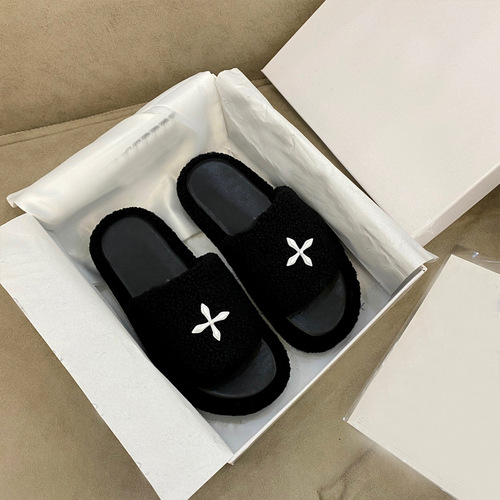 Cross-Strap Plush Shoes for Women -  New Model Heel Lift Outerwear Flat Sole Home Black Lamb Wool Fleece One-Sided Slippers