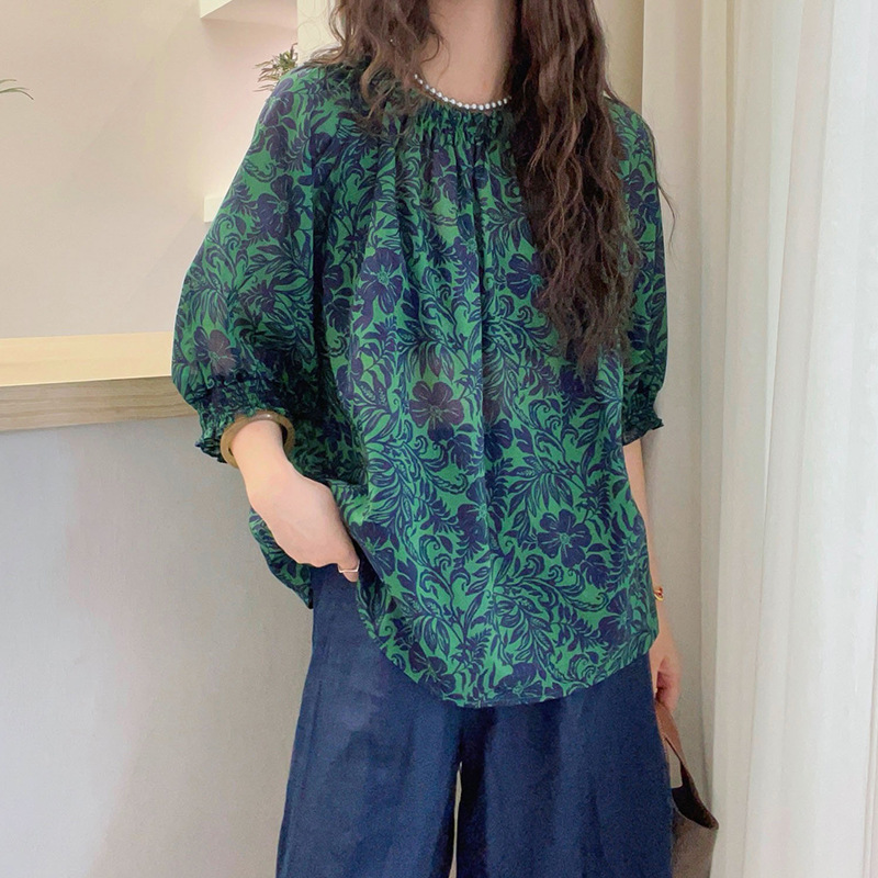 レトロプリントランタンスリーブテンセルシャツレディースヨーロッパステーション2025夏の新スタイルヨーロッパ婦人服洋風シャツ|undefined