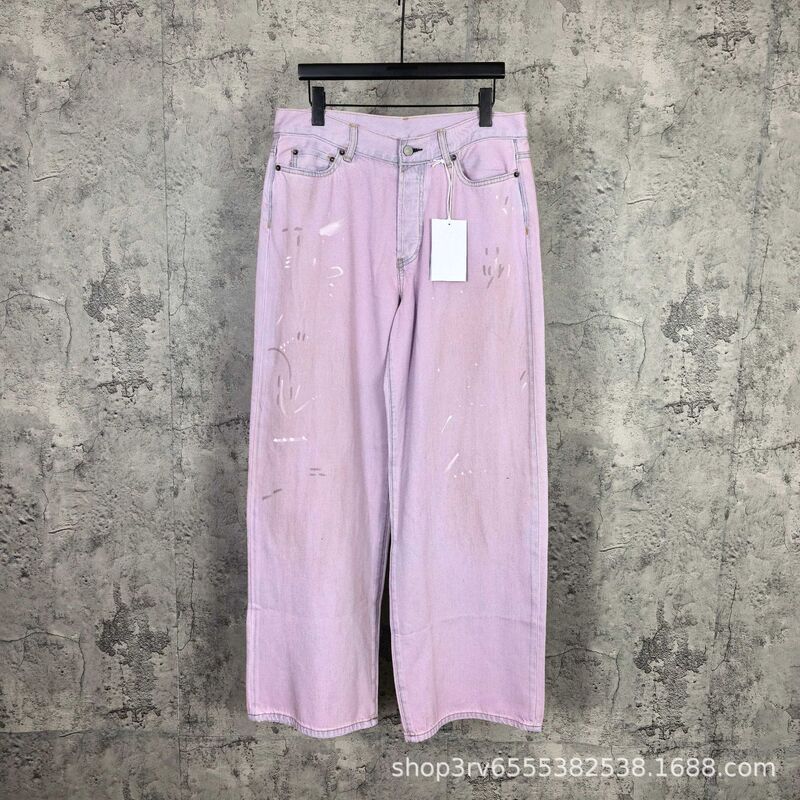High-Quality Ac Brand 1981 Series Splatter-Dyed Vintage Washed Pink Denim Wide-Leg Pants for Men and Women High-Quality Ac Brand 1981 Series Splatter-Dyed Vintage Washed Pink Denim Wide-Leg Pants for Men and Women