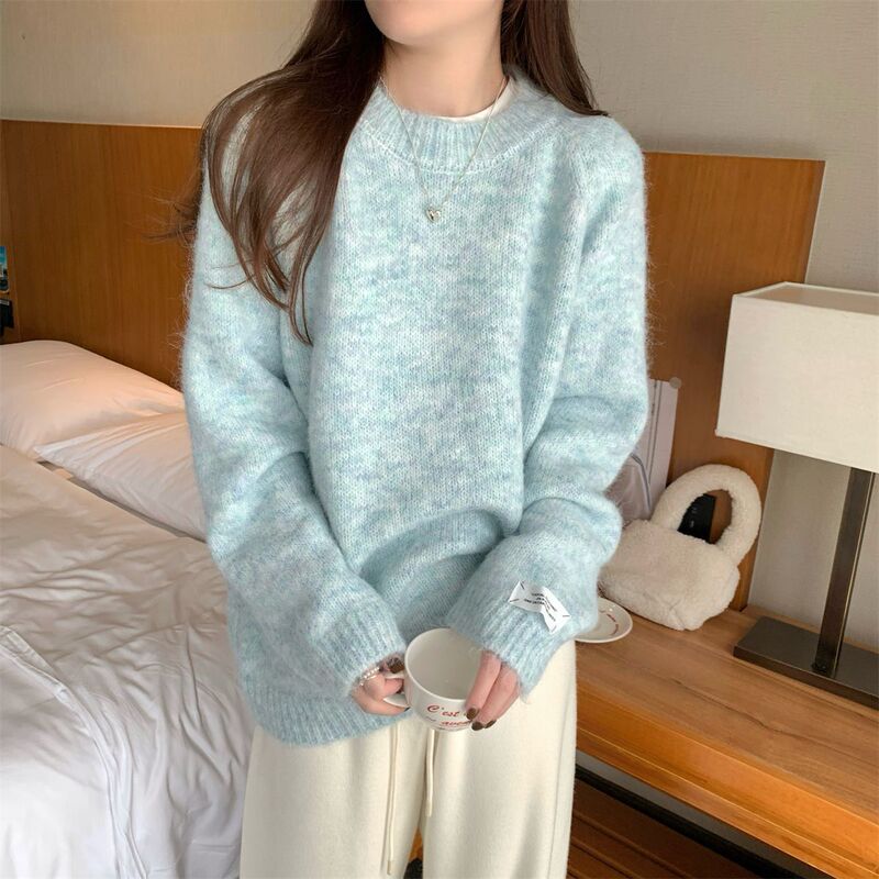 韩系慵懒风圆领套头毛衣女秋冬季软糯纯色长袖内搭针织衫韩版打底|undefined