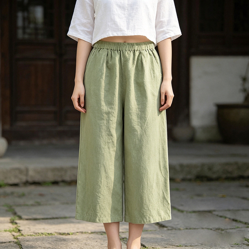 2026 Summer Solid Color Cotton Linen Wide-Leg Casual Women's Vintage Retro Plus Size Linen Capri Pants