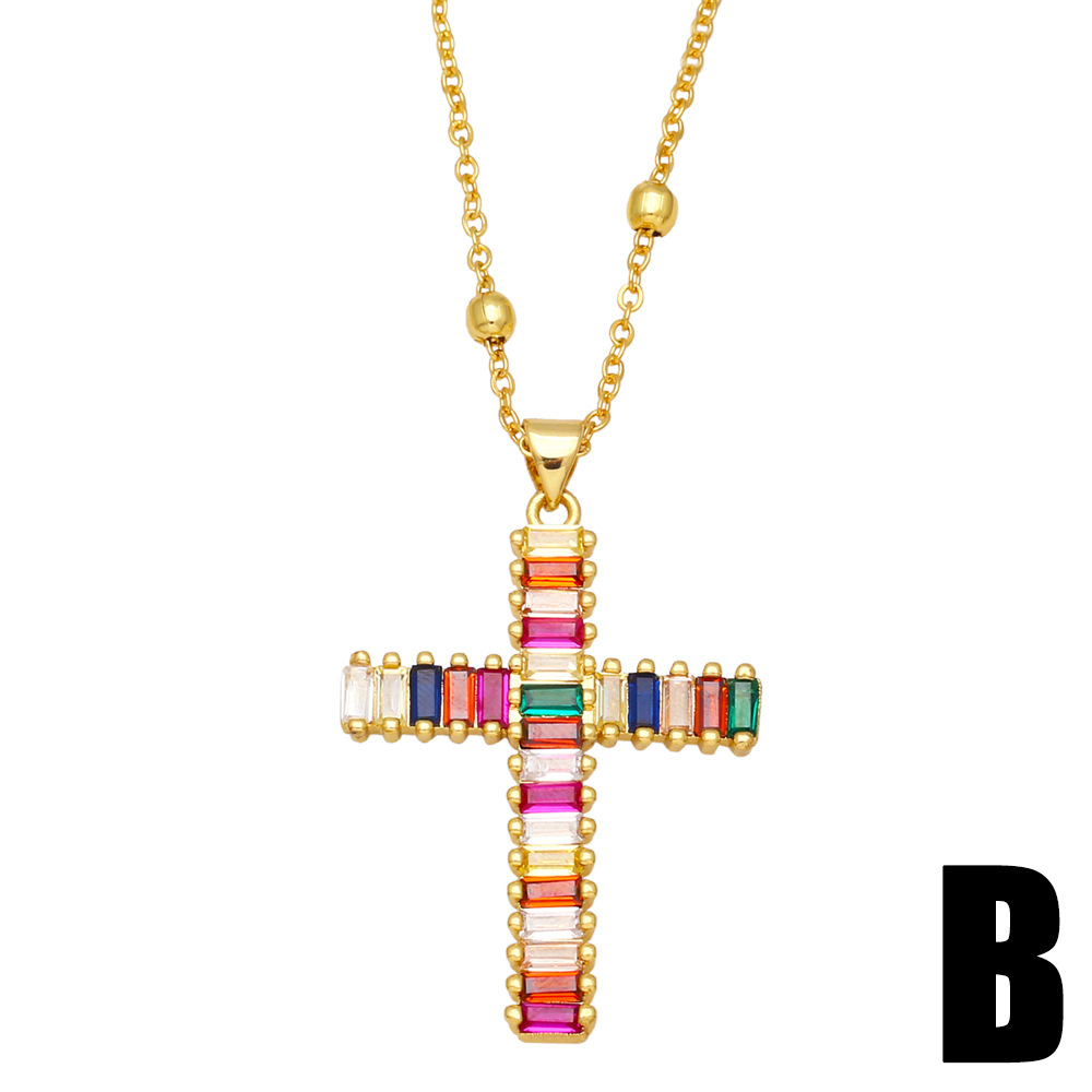Fashion Hip Hop Micro-Inlaid Color Zircon Cross Copper Necklace