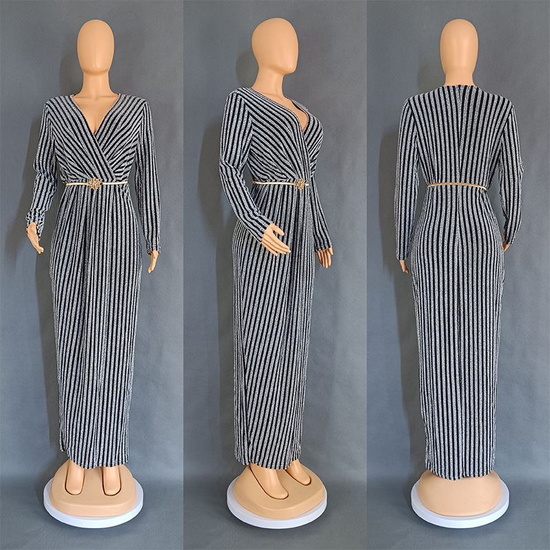 Women's Sheath Dress Vintage Style V Neck Long Sleeve Stripe Maxi Long Dress Daily display picture 3