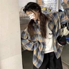 美式复古撞色格子防晒衬衫男女秋款款慵懒风长袖宽松薄款衬衣外套