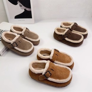 Baby Cotton shoes 2023 Winter new fleece-lined children's peas shoes girls soft bottom leather shoes warm furry shoes western style