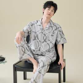 纯棉短袖短裤男士睡衣套头条纹格子全棉可外穿男生短袖休闲家居服