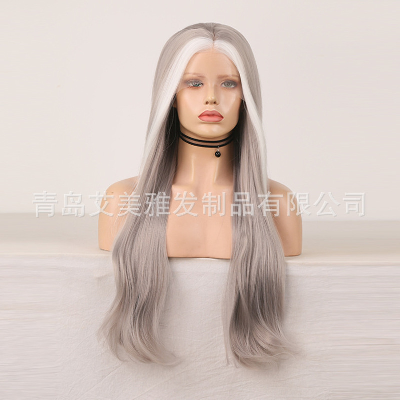 European and American wig new front lace high temperature matte ear hanging mixed color gray long micro curly hair head cover one-piece delivery European and American wig new front lace high temperature matte ear hanging mixed color gray long micro curly hair head cover one-piece delivery
