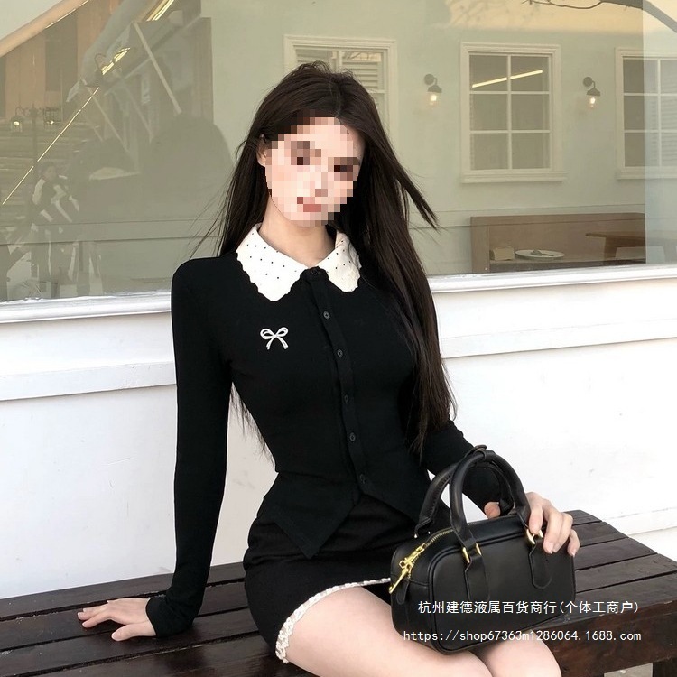 法式纯欲辣妹针织套装女设计感小众拼接长袖上衣黑色小心机半身裙|undefined