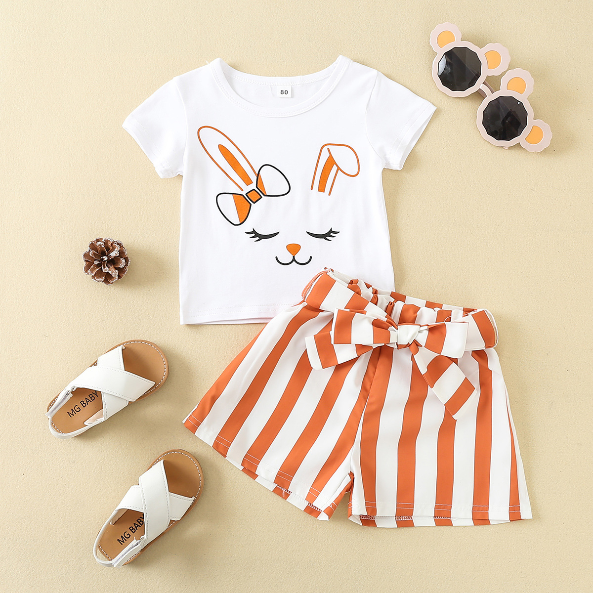 Summer Boys And Girls Suits Trendy Fashion Rabbit White Tops Bow Belts Small Shorts Seaside Children's Suits