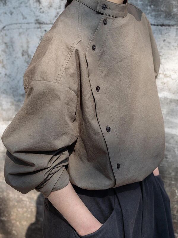 Plus-Size Japanese Harajuku Style Gray Coffee Color Diagonal Button Shirt with a Unique Inner Layer Top