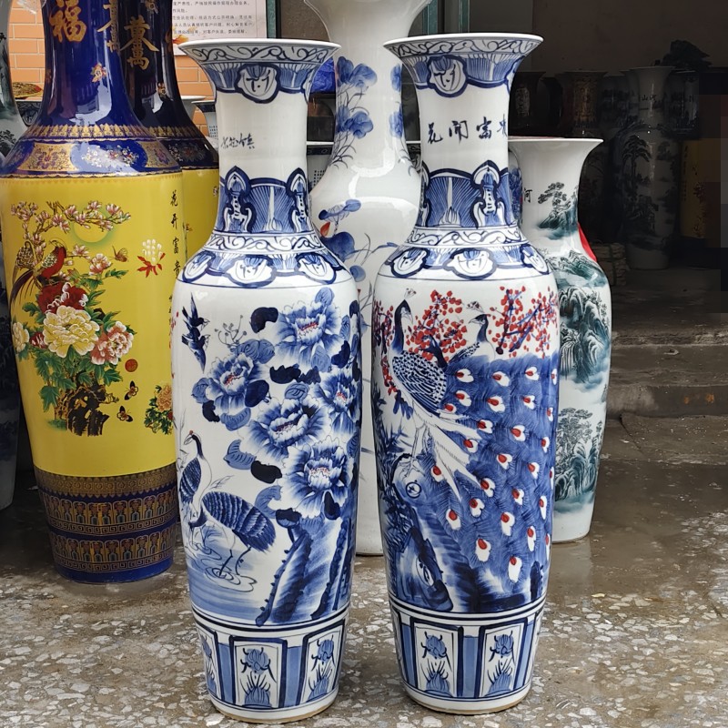 Cerámica de tierra gran vasija de flores esmaltado porcelana azul pintada a mano florecer adornamientos ricos y grandes adornos de regalo de apertura de hotel