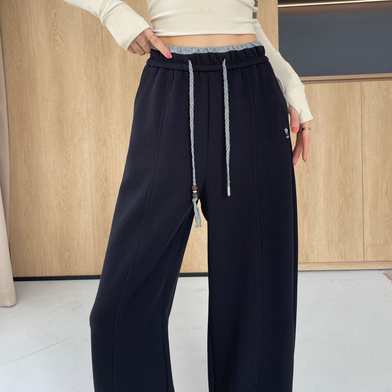 High-waisted drawstring wide-leg pants for women, 2026 new style, drapey, slimming, straight-leg, floor-length casual pants, casual style sports trousers