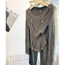 自留款推荐~重工钉珠镂空长袖针织衫女秋季新款气质修身百搭上衣