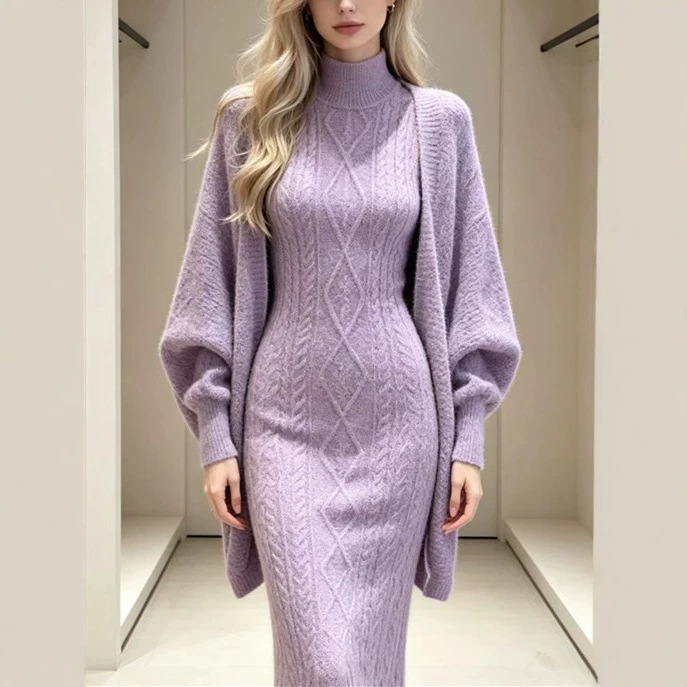 Soft and cozy cable-knit two-piece set: loose batwing cardigan + slim-fit knitted long skirt with half-high collar, autumn and winter women's clothing Soft and cozy cable-knit two-piece set: loose batwing cardigan + slim-fit knitted long skirt with half-high collar, autumn and winter women's clothing
