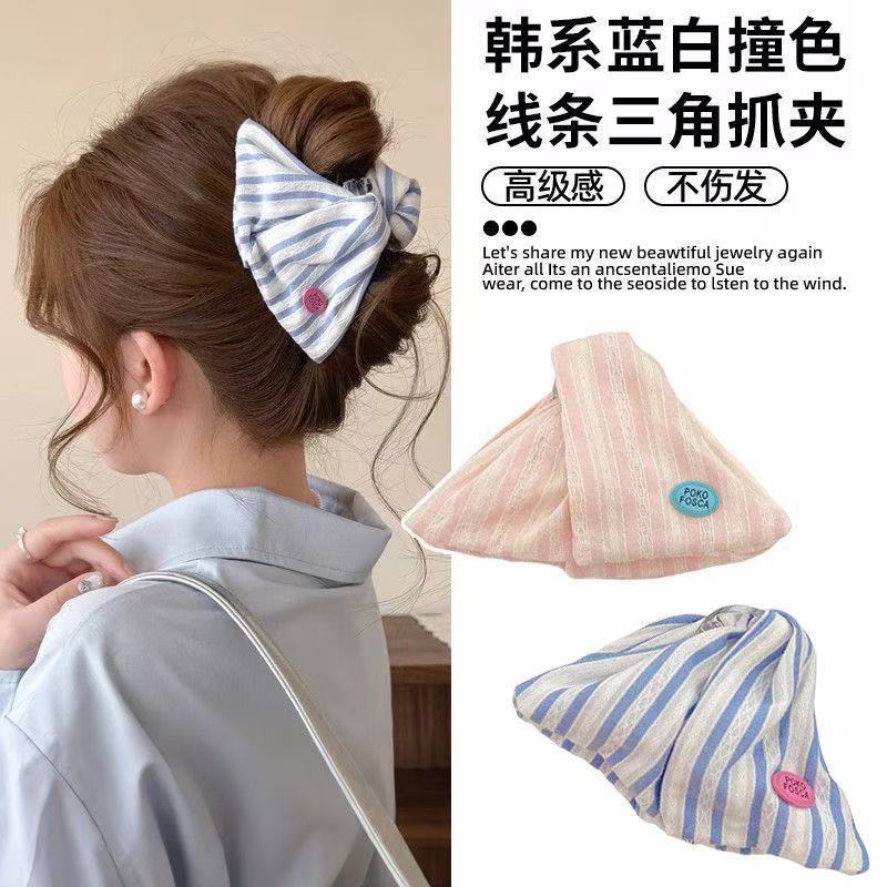 新作レトロ韓国風布製リボン三角ヘアクリップ、女性用大型ヘアクリップ、後頭部の髪量が多い方用シャーククリップ|undefined