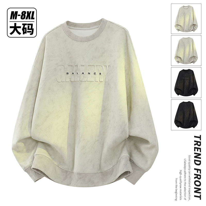 Letter Embossed Sweatshirt for Men, New Spring/Autumn Trendy American Style Vintage Tie-Dye Top, Heavyweight Long Sleeve for Teenagers