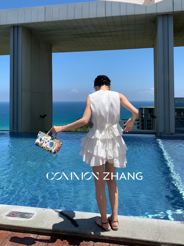 CZ ZHANG夏季法式简约花边镂空拼接纯色百搭圆领开衫马甲女B24835|undefined