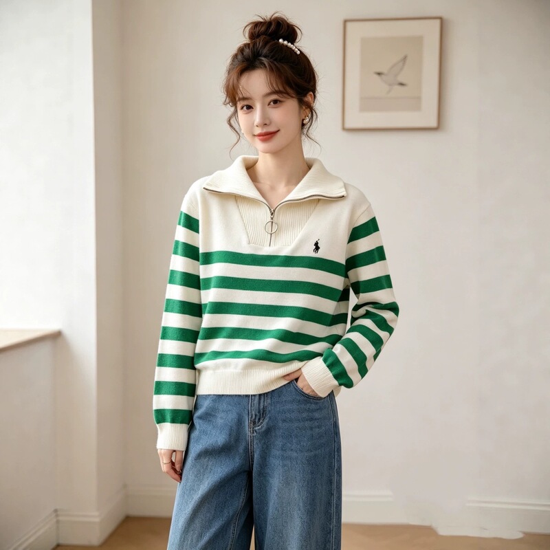 New autumn and winter design Korean-style women's fashionable zip-up collar navy striped knit top