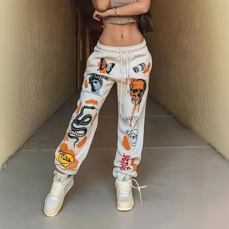 In-Stock Cross-Border European and American Graffiti Skull Snake Butterfly Print Jogger Sweatpants for Women, Drawstring Loose-Fit Sports Jogging Pants In-Stock Cross-Border European and American Graffiti Skull Snake Butterfly Print Jogger Sweatpants for Women, Drawstring Loose-Fit Sports Jogging Pants