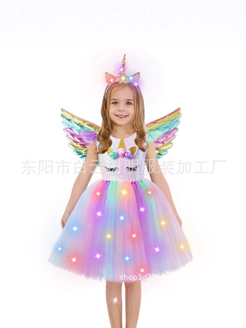 Uşaq üçün unicorn pəri kostyumu, işıqlı ətək və qanadlı