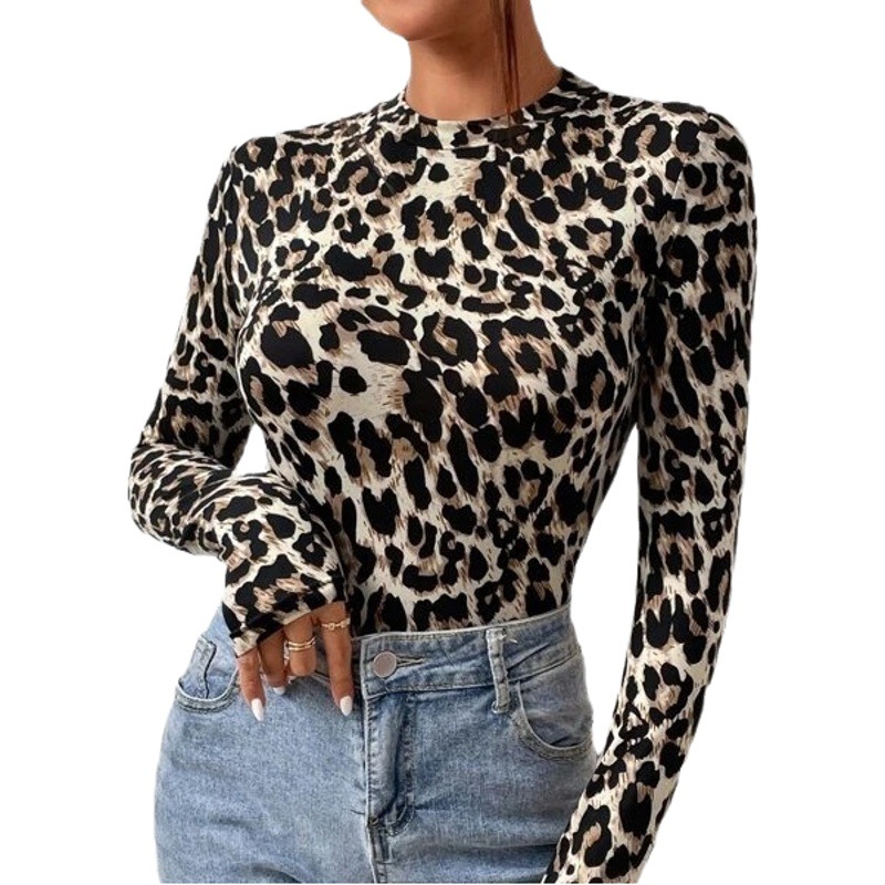 Ropa de mujer transfronteriza europea y americana pequeño collar de pie de manga larga de moda estampado de leopardo apretado estilo de niña caliente mono top image 1