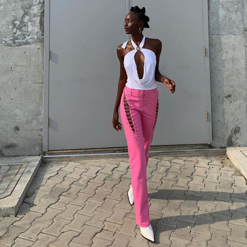 Eurasian 2025 Summer Fashion Trend Women's High-Waisted Hollowed Belted Straight Leg Tied Ankle Slimming Leather Pants