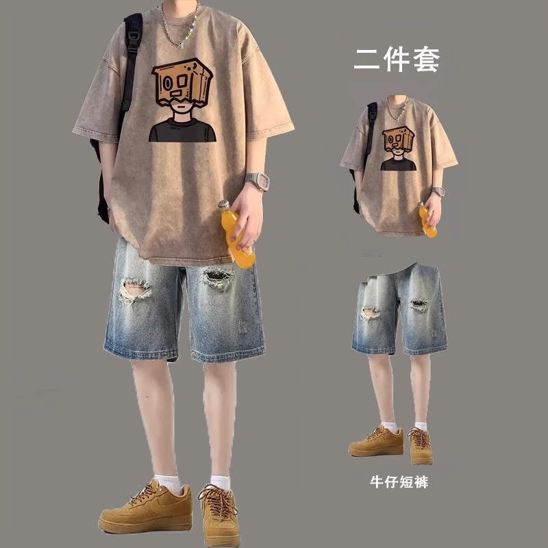 Summer Casual Wear T-Shirt Trendy Men's Set of Handsome Denim Shorts Two-Piece Washed Short-Sleeved Suit for Men